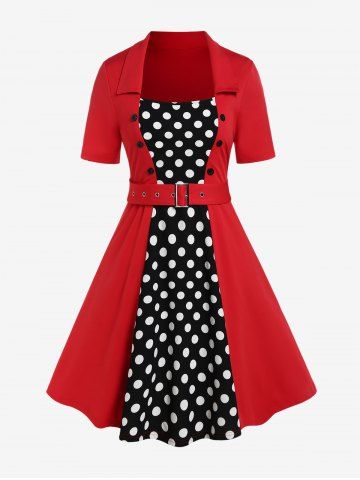 Plus Size Vintage Polka Dots High Rise A Line Dress with Buckles Belt - RED - 4X | US 26-28