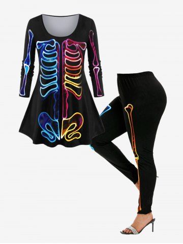 Gothic Skeleton Print Long Sleeve T-shirt and Skeleton Print Leggings Outfit - BLACK