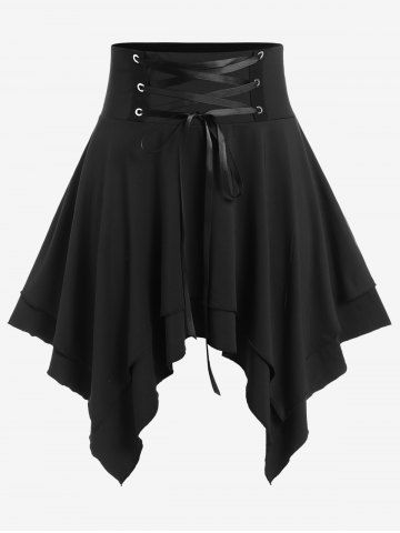 Plus Size Lace Up Handkerchief Mini Skirt - BLACK - L | US 12