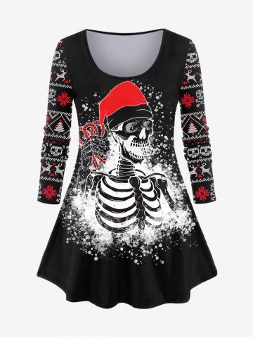 Camiseta de Manga Larga con Estampado de Esqueleto de Copo de Nieve de Navidad de Talla Extra - BLACK - S | US 8