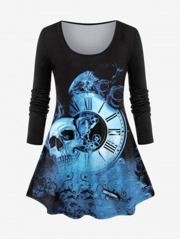 Plus Size Skull Rose Clock Print Long Sleeve T-shirt