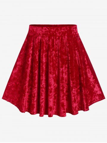 Plus Size Christmas Pleated A Line Velvet Mini Skirt - RED - L | US 12