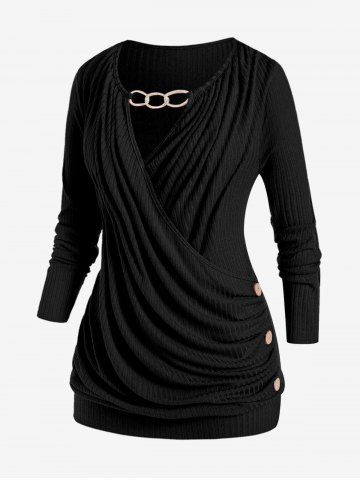 Plus Size Keyhole Chains Draped Surplice T-shirt - BLACK - 2X | US 18-20