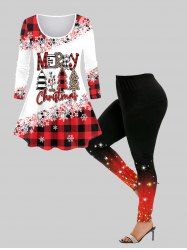 Christmas Snowflake Checked Tree Print T-shirt and Glitter Print Leggings Plus Size Outfit -  
