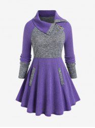 Plus Size Turndown Collar Colorblock Raglan Sleeves Ribbed Sweater -  