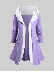 Plus Size Two Tone Hooded Cable Knit Long Cardigan with Pockets -  