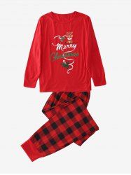 Merry Christmas Letters Elk Printed Pajamas Sweatshirt and Plaid Pants -  