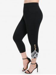 Plus Size High Rise Pockets Lace Panel Capri Leggings -  