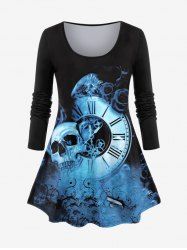 Plus Size Skull Rose Clock Print Long Sleeve T-shirt -  