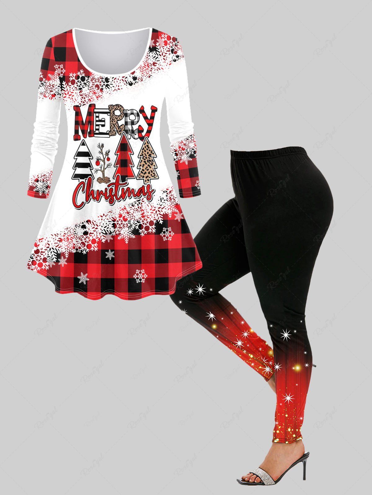 Fashion Christmas Snowflake Checked Tree Print T-shirt and Glitter Print Leggings Plus Size Outfit  