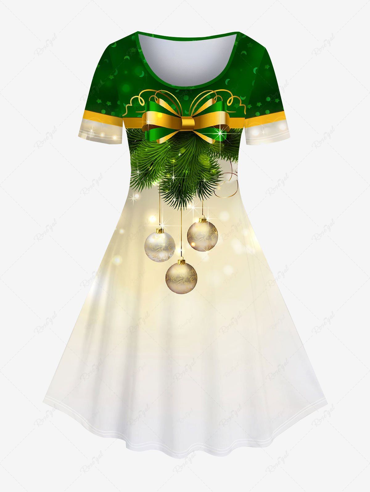 Cheap Plus Size Christmas Tree Ball Print A Line Dress  