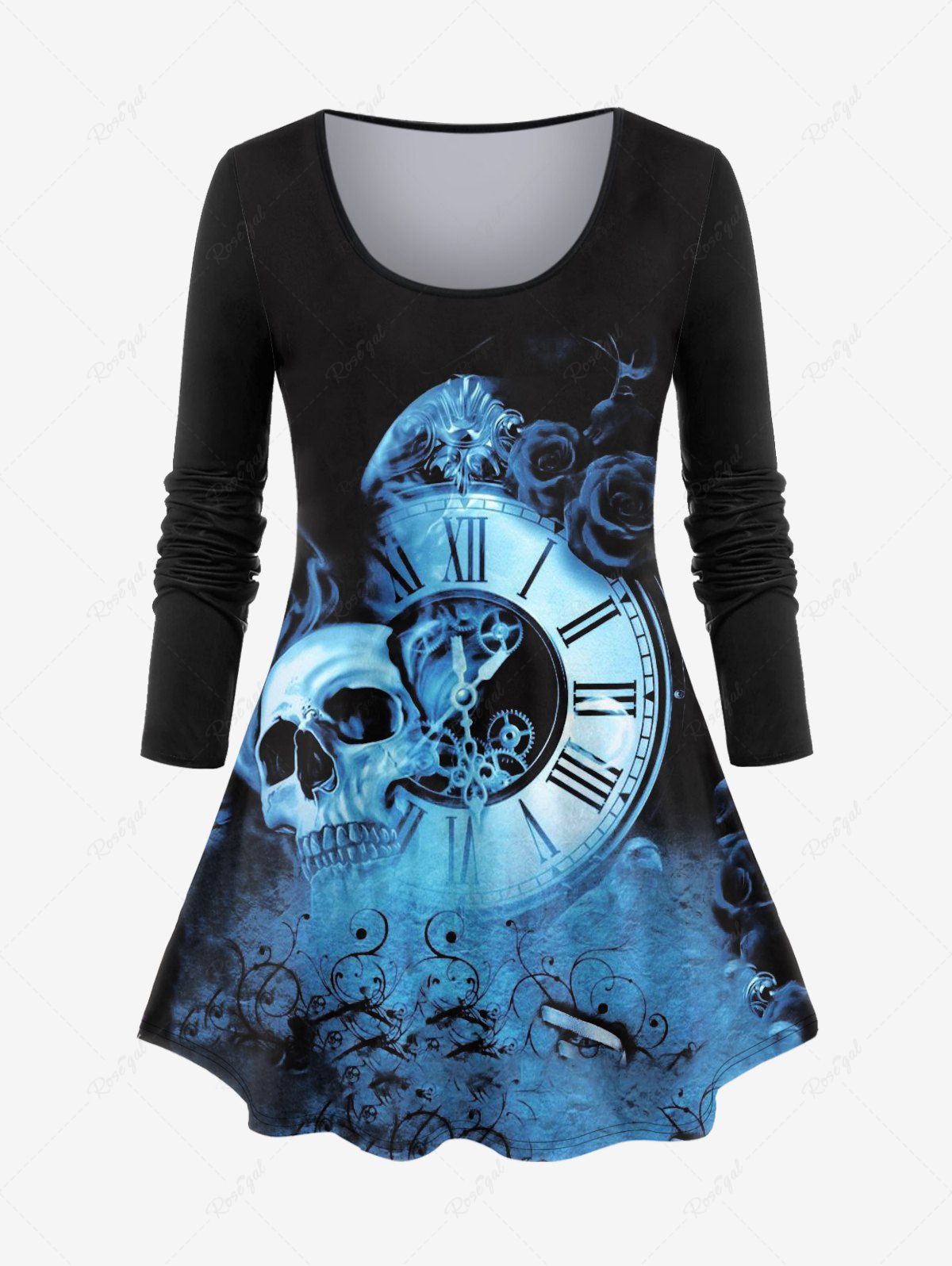 Latest Plus Size Skull Rose Clock Print Long Sleeve T-shirt  