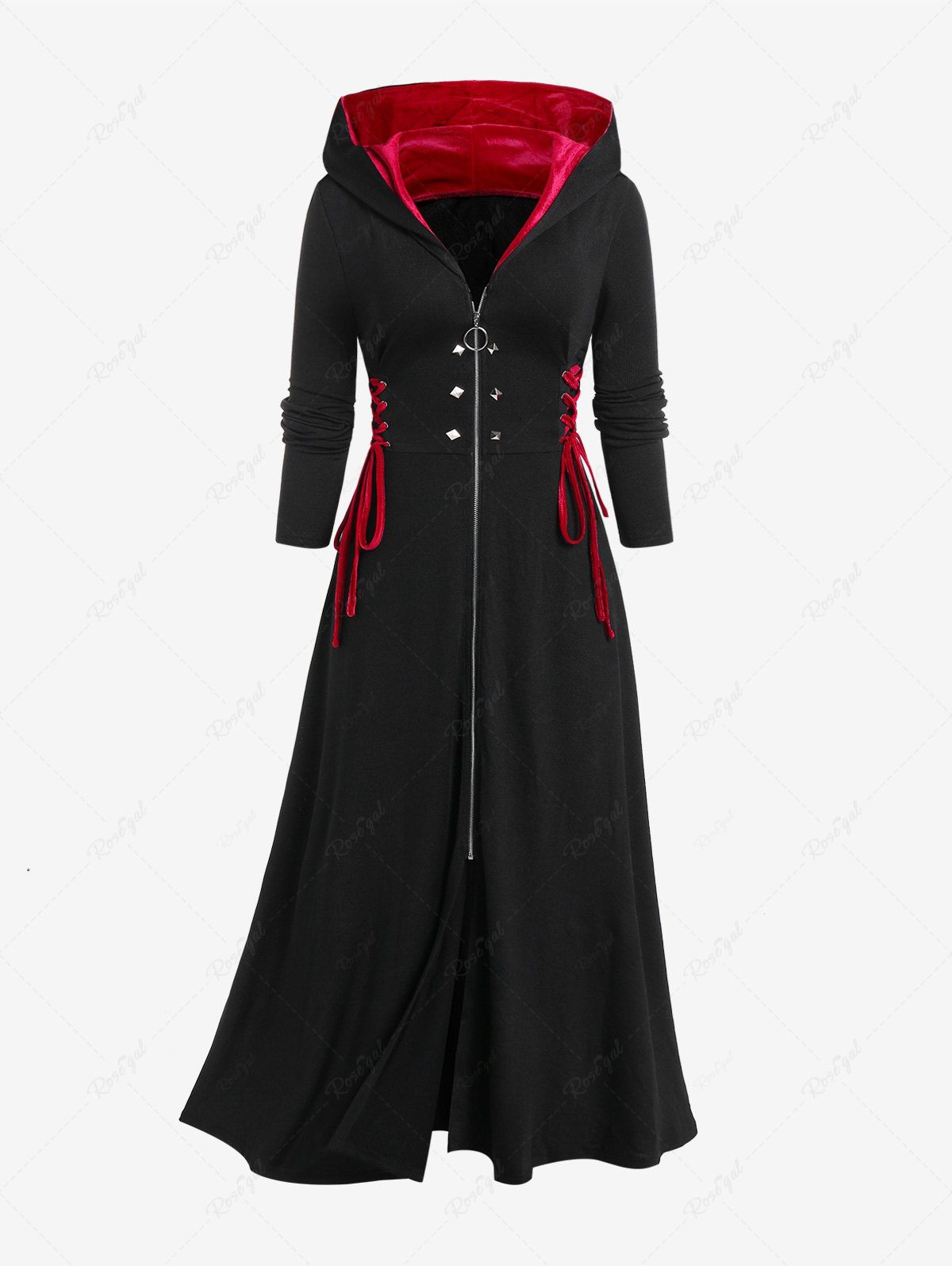 New Plus Size Hooded Lace Up Front Zipper Maxi Coat  
