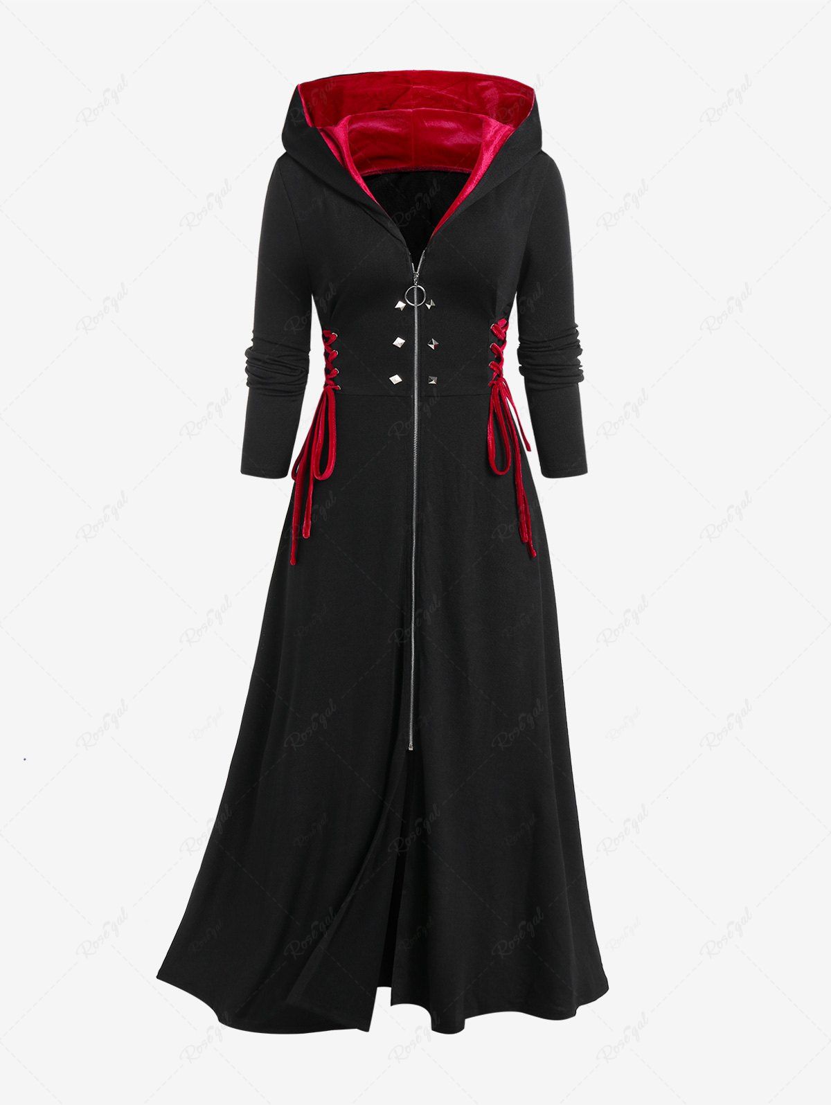 Best Plus Size Hooded Lace Up Front Zipper Maxi Coat  