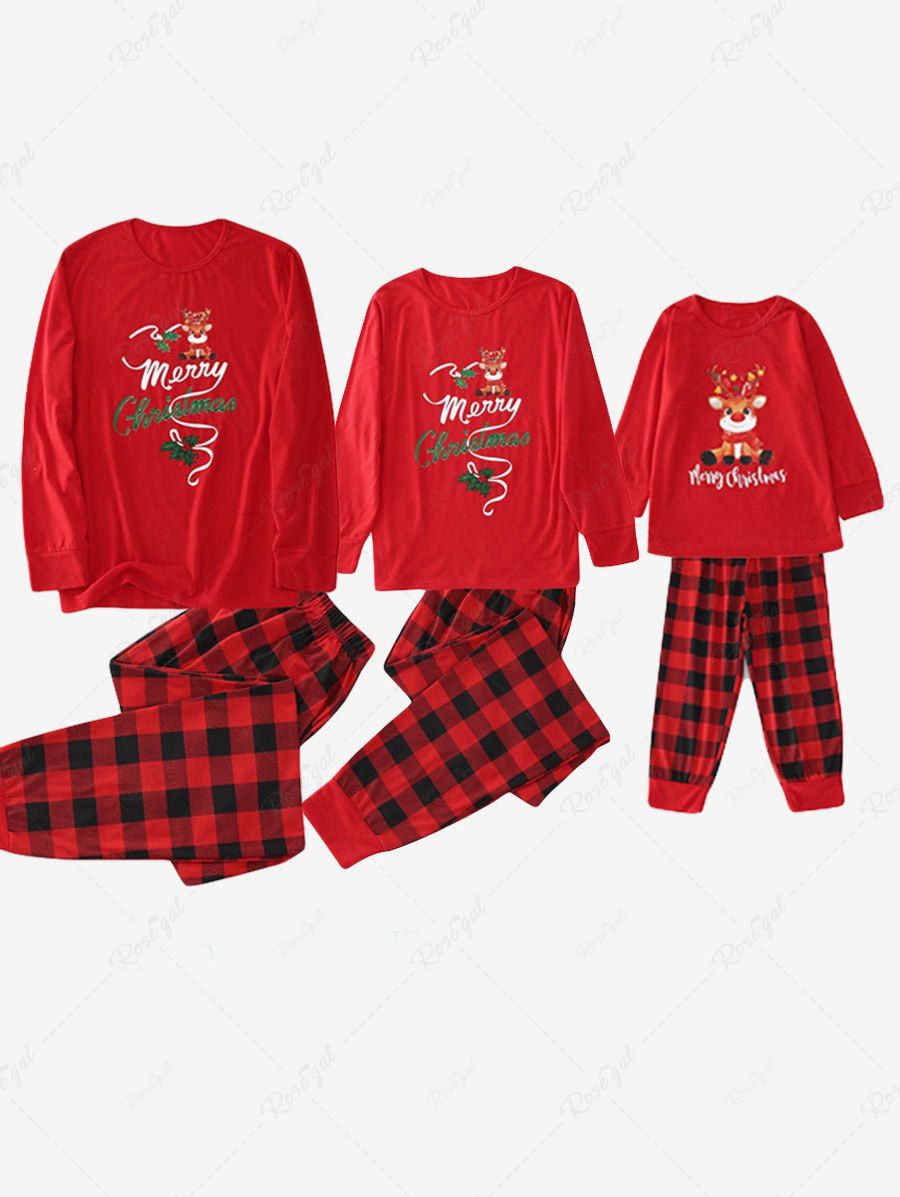 Outfit Kids Merry Christmas Letters Elk Plaid Pajamas Sweatshirt Set  