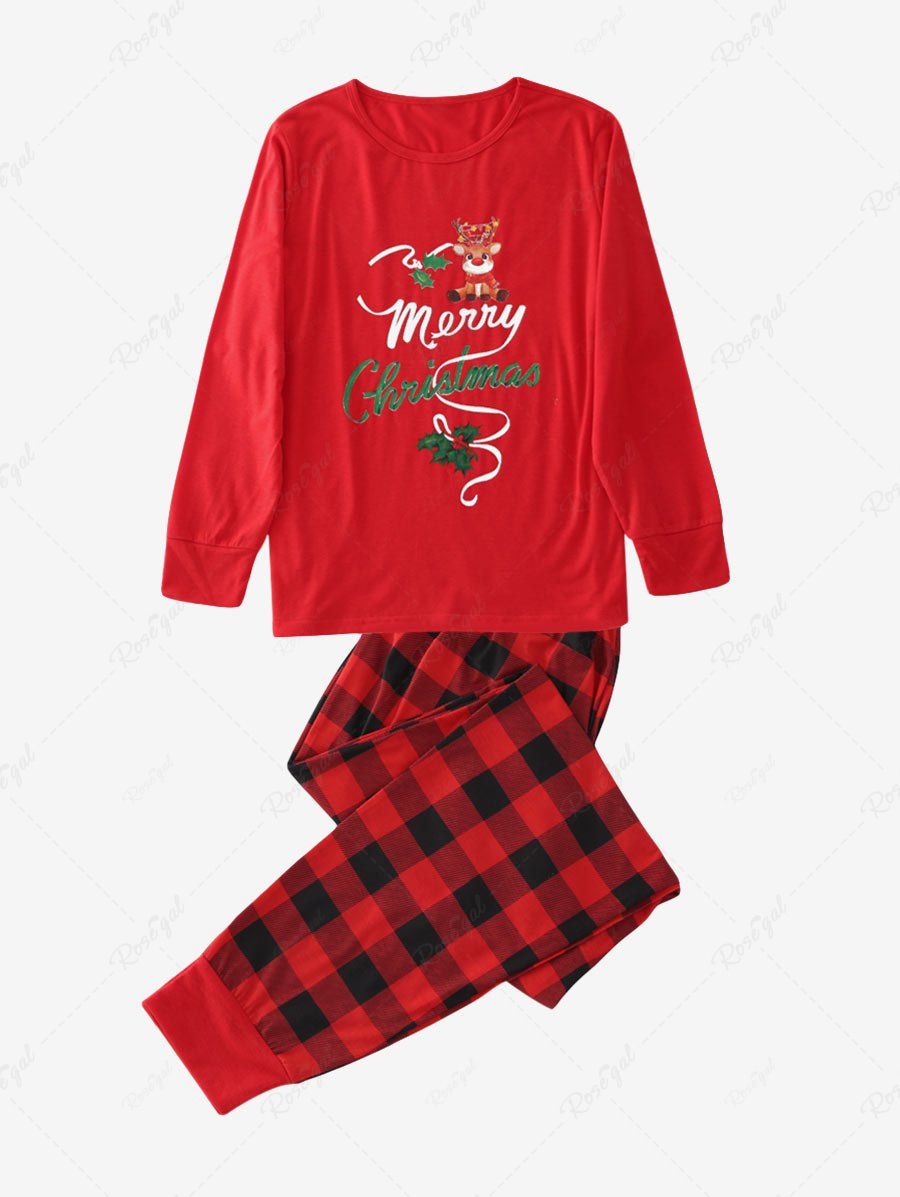 Pantalon de Pyjamas à Imprimé Cerf de Noël et Lettre à Carreaux Rouge L