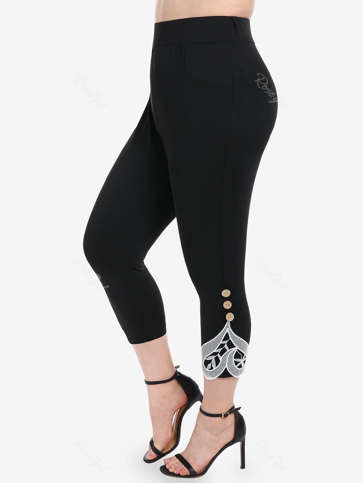 Hot Plus Size High Rise Pockets Lace Panel Capri Leggings  