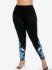 Plus Size Skull Rose Clock Print Leggings -  