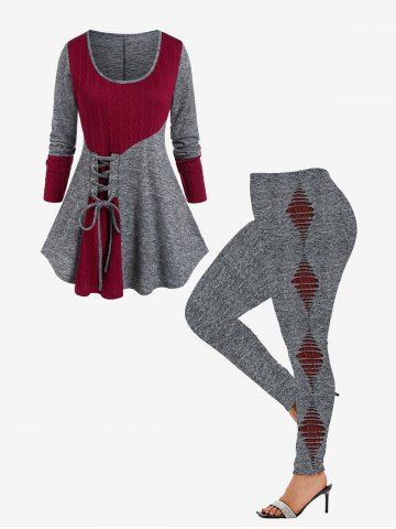 Cable Knit Lace Up Colorblock Sweater and High Waist 3D Ripped Print Leggings Plus Size Outerwear Outfit