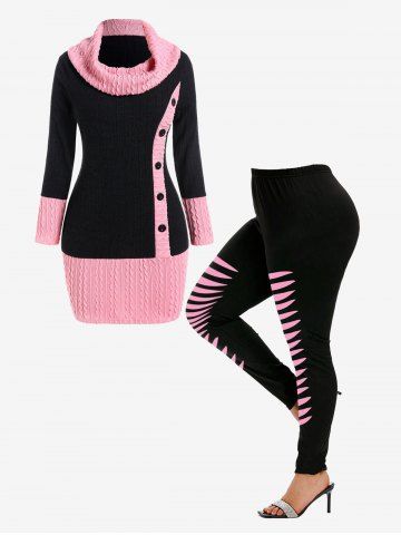 Cowl Neck Cable Knit Two Tone Pullover Sweater and 3D Ripped Printed Leggings Plus Size Outfit