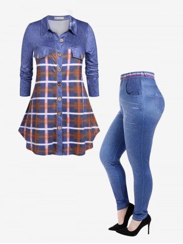 Plaid Button Up Shirt and Pockets 3D Print Fleece Lining Jeggings Plus Size Outfit - BLUE