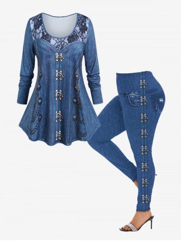 Gothic 3D Jeans Chains Lace Printed Tee and Flocking Lined Leggings Outfit - DEEP BLUE