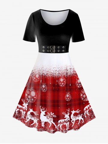 Plus Size Christmas Elk Snowflake 3D Buckles Printed Plaid Vintage A Line Dress - RED - 1X | US 14-16