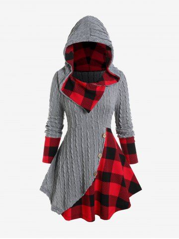 Plus Size Hooded Cable Knit Panel Mixed Media Plaid Top - GRAY - 1X | US 14-16
