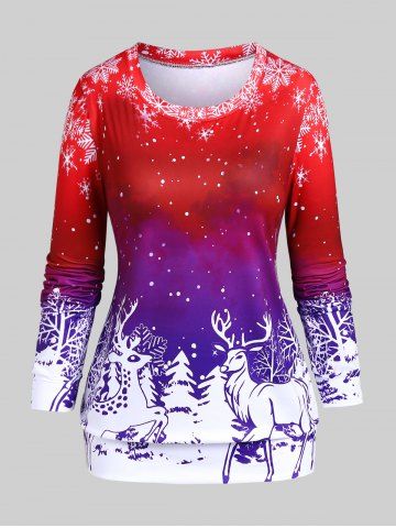 Plus Size Christmas Elk Snowflake Print Ombre Sweatshirt