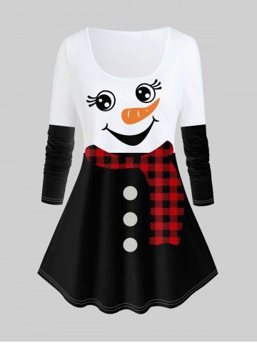 Plus Size Christmas Snowman Printed Plaid Long Sleeves Tee - BLACK - L | US 12