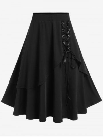 Plus Size Lace-up Double Layered Pull On A Line Midi Skirt - BLACK - 1X | US 14-16