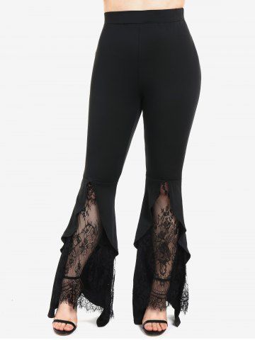 Plus Size Lace Panel Flounce Pull On Flare Pants