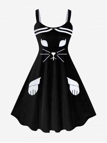 Vestido Midi en a Estampado Dibujo Animado Gato Tamaño Plus - BLACK - 5X | US 30-32