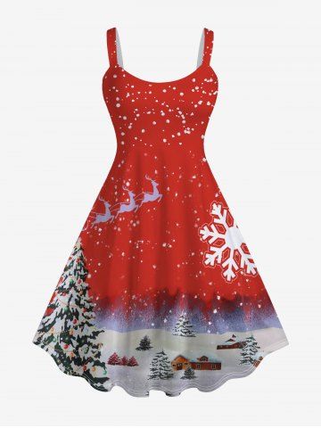 Plus Size Christmas Tree Snowflake Elk Print Sleeveless Dress - RED - 5X | US 30-32