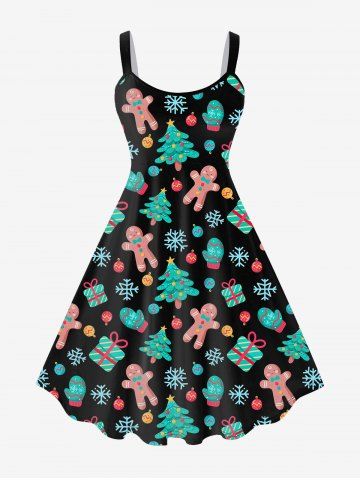 Plus Size Christmas Gingerbread Tree Gloves Gift Print A Line Dress - BLACK - M | US 10