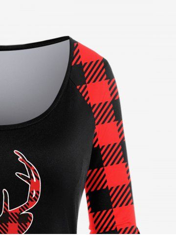 Merry Christmas Elk Snowflake Printed Tee and Plaid Colorblock Leggings Plus Size Outfit
