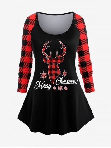 Merry Christmas Elk Snowflake Printed Tee and Plaid Colorblock Leggings Plus Size Outfit