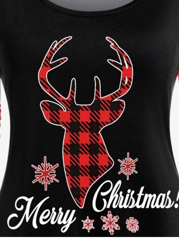 Merry Christmas Elk Snowflake Printed Tee and Plaid Colorblock Leggings Plus Size Outfit