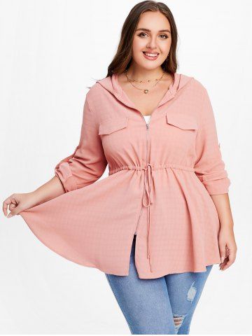 Plus Size Hooded Zipper Drawstring Waisted Roll Tab Sleeves Solid Coat - LIGHT PINK - L | US 12