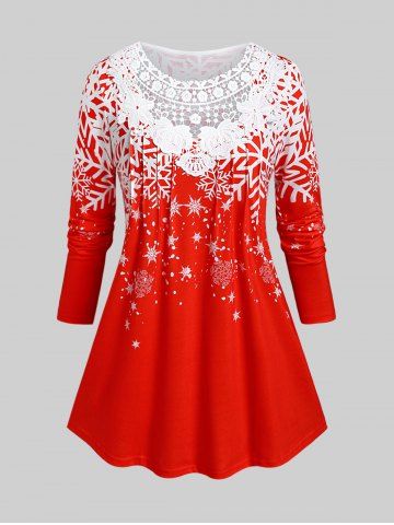 Plus Size Snowflake Lace Panel Long Sleeves Christmas Tee - RED - XL