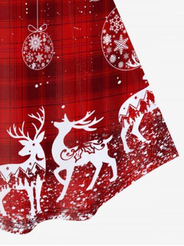 Plus Size Christmas Elk Snowflake 3D Buckles Printed Plaid Vintage A Line Dress