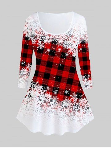 Camiseta Navidadeña a Cuadros Estampado Copo de Nieve Tamaño Plus - RED - S | US 8