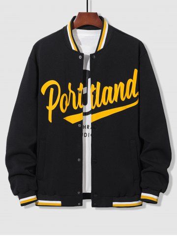 Letter Fleece Lining Preppy Baseball Jacket - BLACK - S