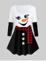 Plus Size Christmas Snowman Printed Plaid Long Sleeves Tee -  