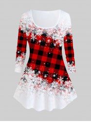Plus Size Plaid Snowflake Print Christmas T-shirt -  
