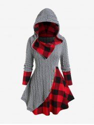 Plus Size Hooded Cable Knit Panel Mixed Media Plaid Top -  