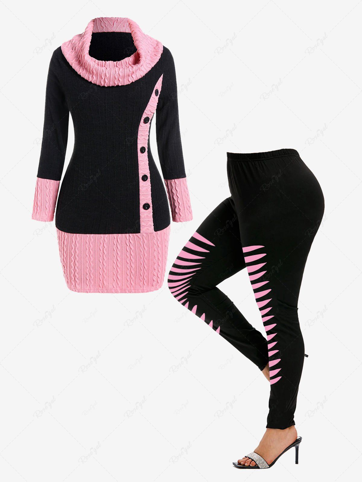 Cowl Neck Cable Knit Two Tone Pullover 