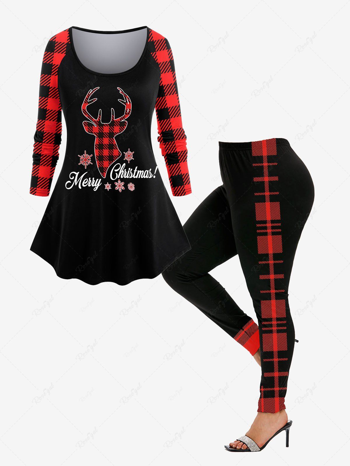 Ensemble de de Noël avec Legging à Carreaux et T-shirt à Flocon de Neige et Cerf Grande Taille Noir 
