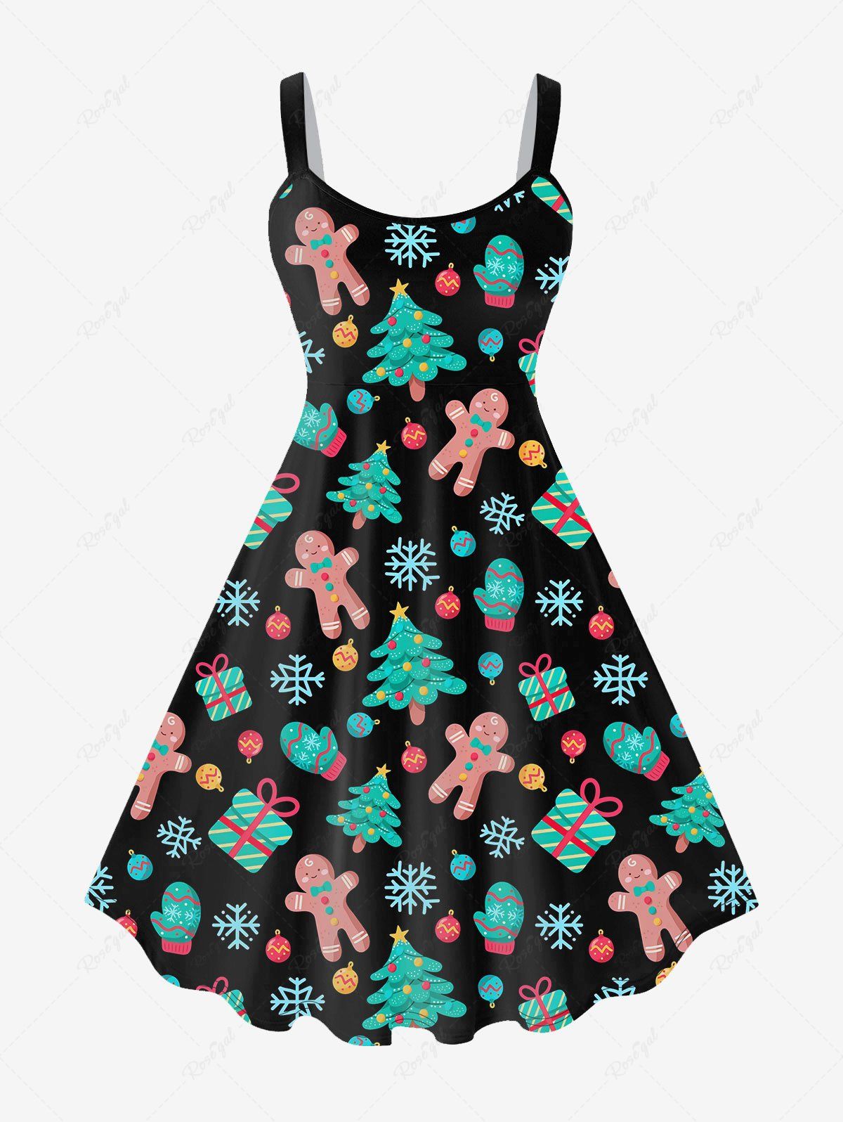Unique Plus Size Christmas Gingerbread Tree Gloves Gift Print A Line Dress  