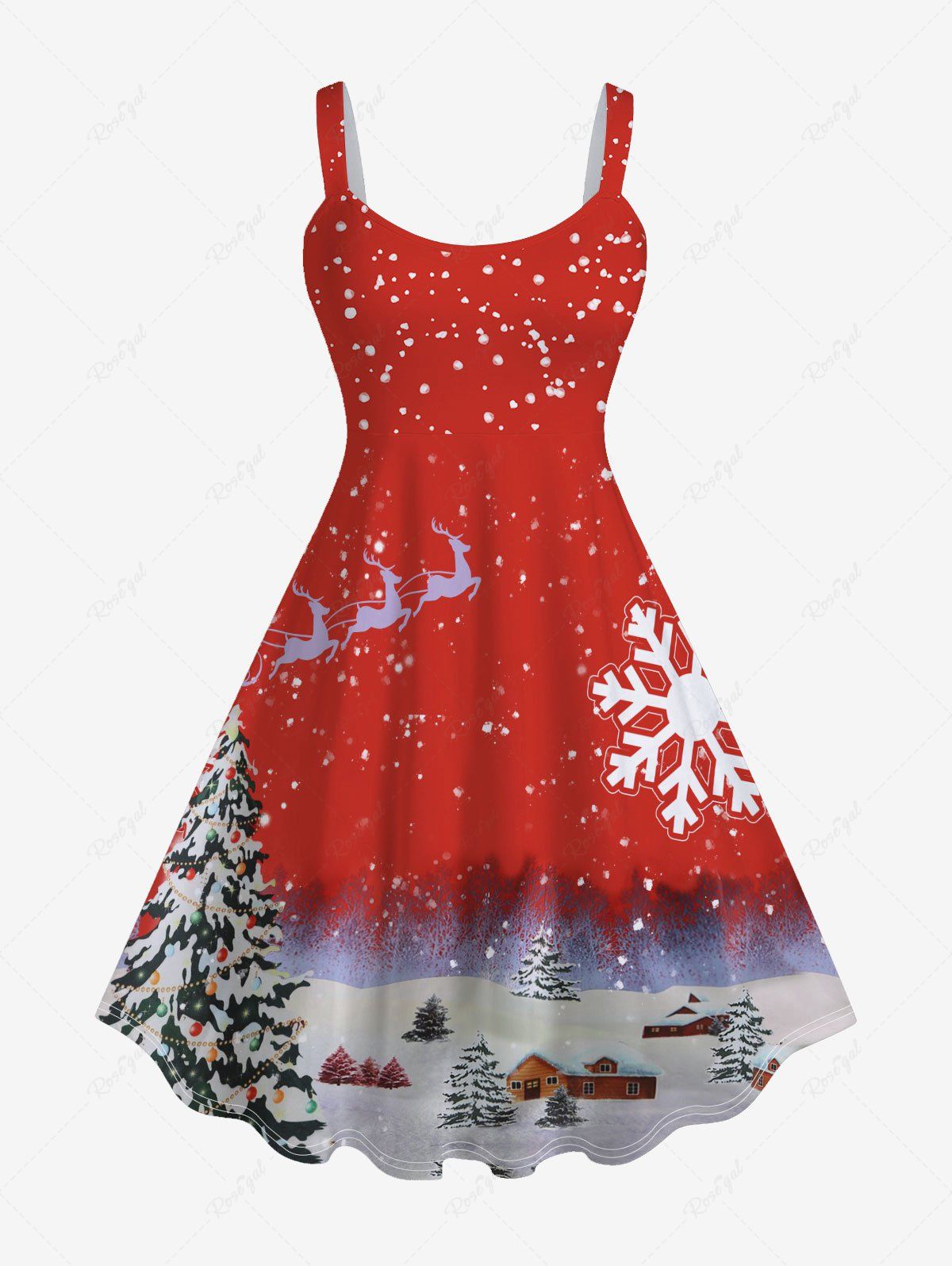 Best Plus Size Christmas Tree Snowflake Elk Print Sleeveless Dress  